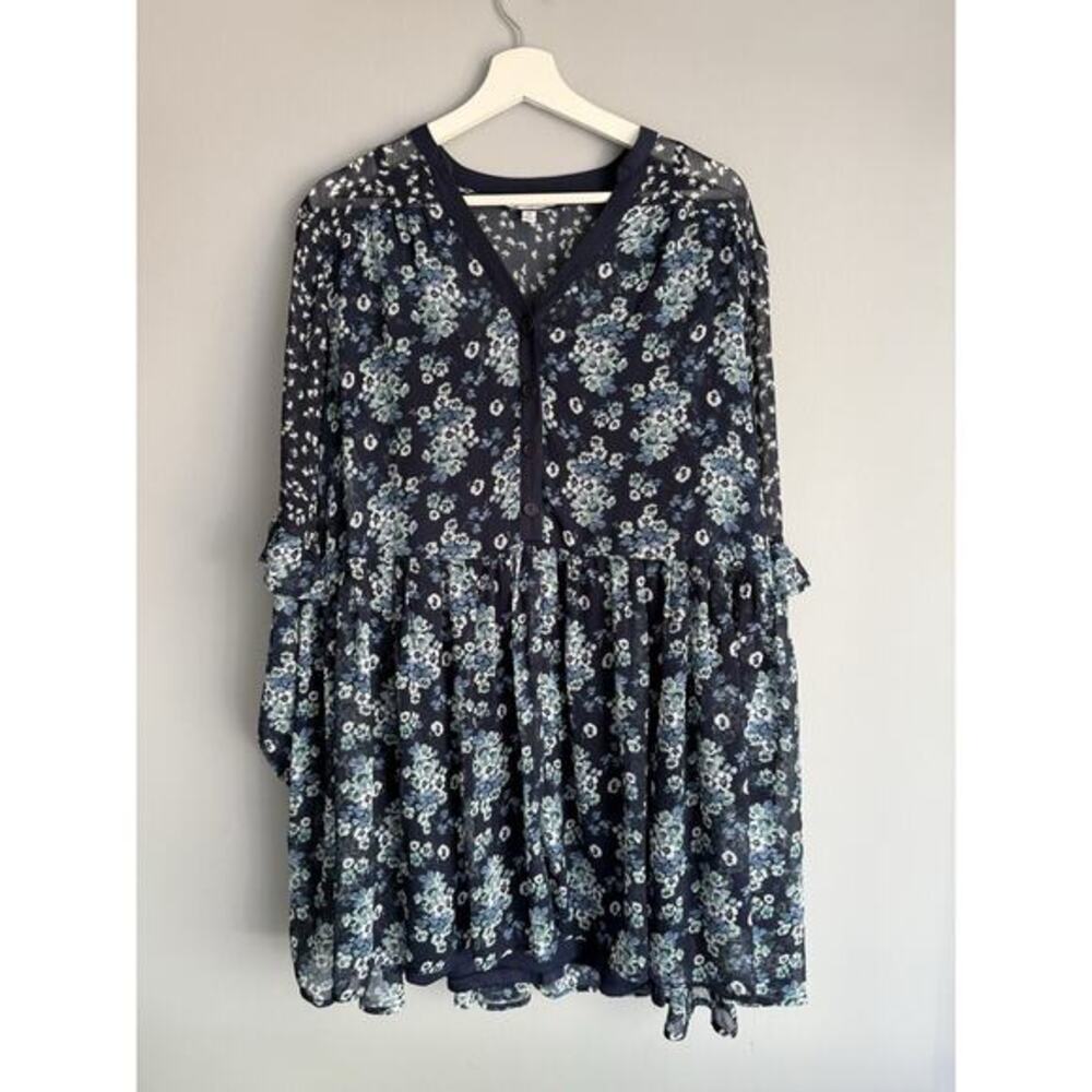 Ophelia Roe Floral Babydoll Dress Blue Sheer Boho Flowy M Cottagecor Tunic